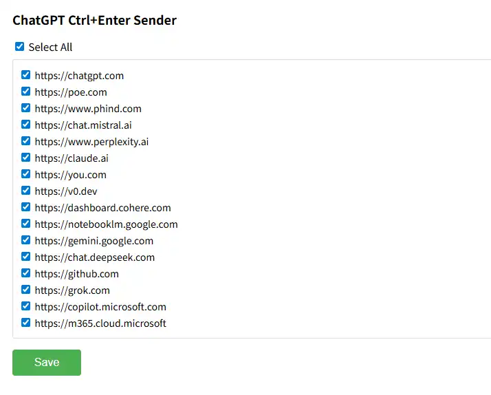 「ChatGPT Ctrl+Enter Sender」のオプション画面
